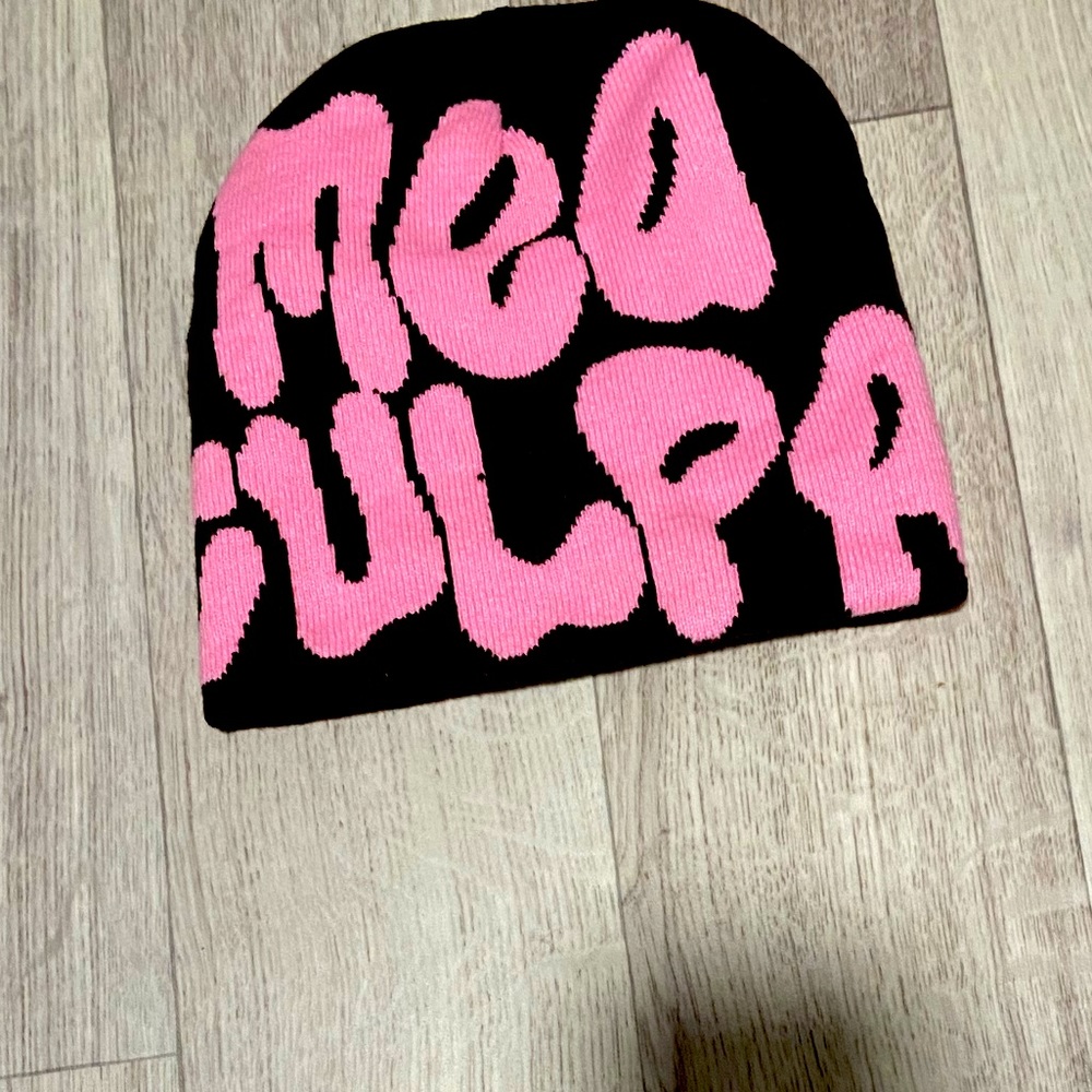 Pink on Brown MEA CULPA Beanie